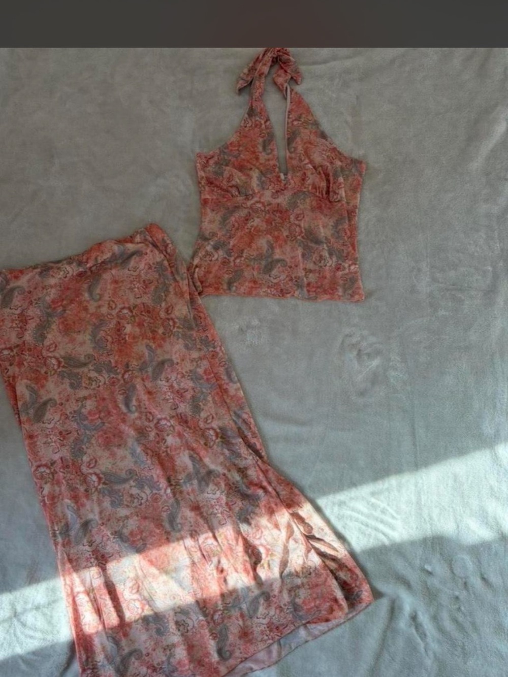 See You Monday Coral Paisley Halter Maxi Skirt Set